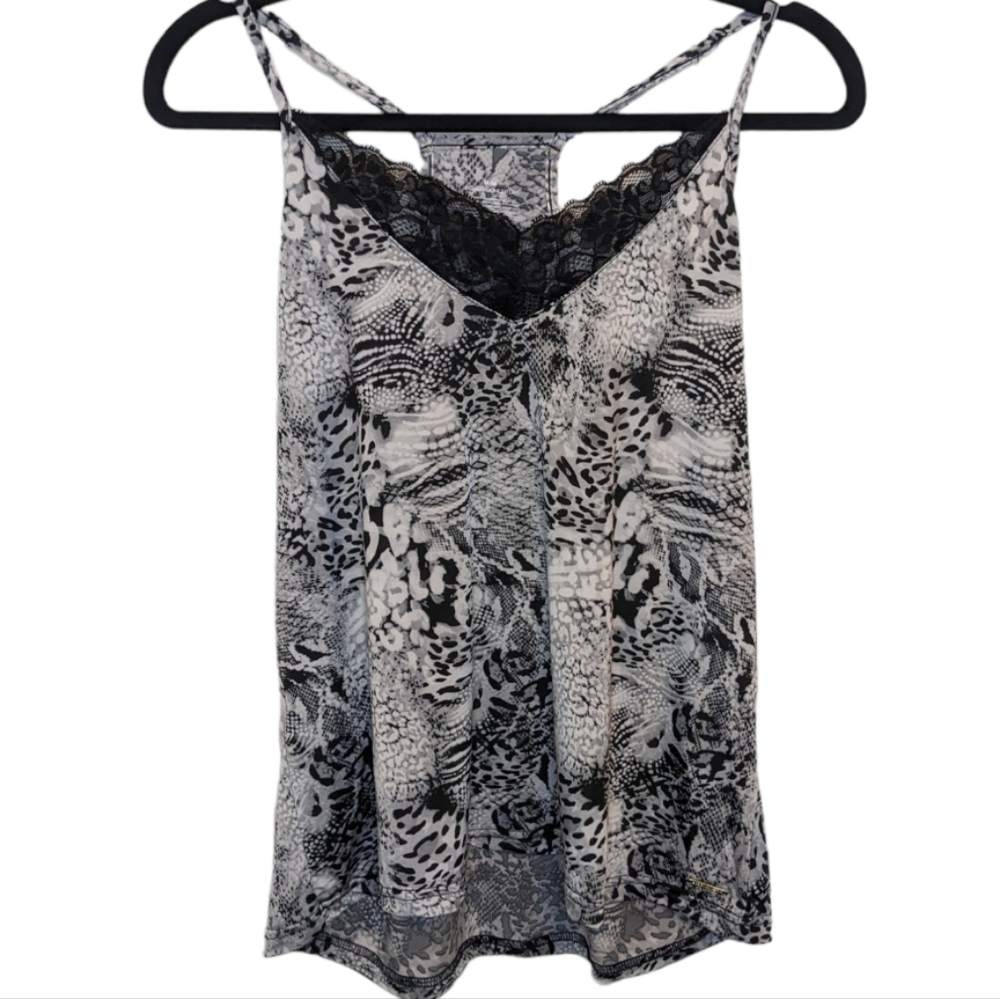 NWT BCBGMaxAzria Lace Trim Print Cami Top 🖤 Size M 🐆 Black & Gray Animal Print